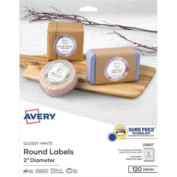 Avery Label, Round, 2"", Glossy White 120PK AVE22807